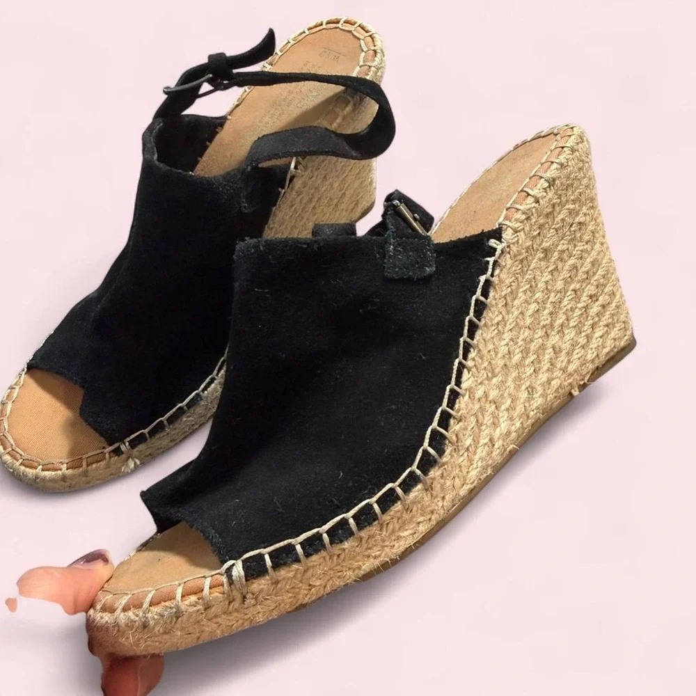 TOMS Black Suede Wedge Espadrille Sandals Women 10 Slingback Peep Toe Jute